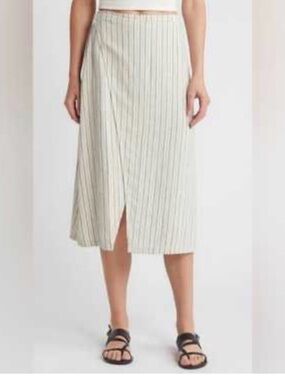Treasure Bond Linen Pinstripe Wrap Midi Skirt M Coastal Old Money Euro Summer